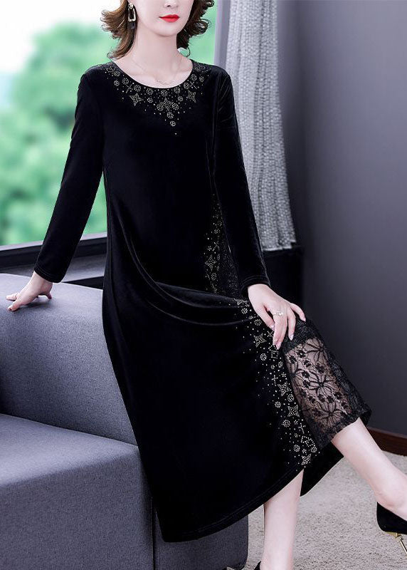 Style Black O-neck Lace Patchwork Hollow Out Silk Velour Dress Spring