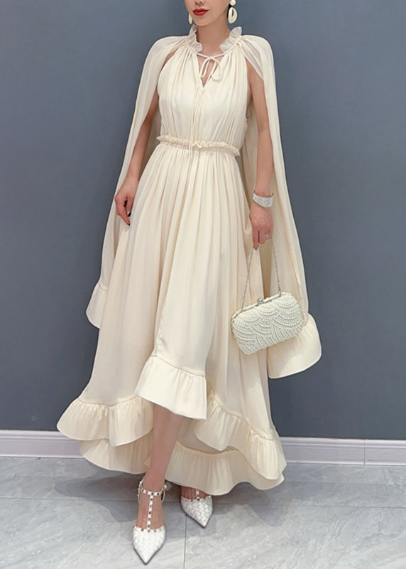 Apricot Ruffled Patchwork Elastic Waist Chiffon Maxi Dress Summer