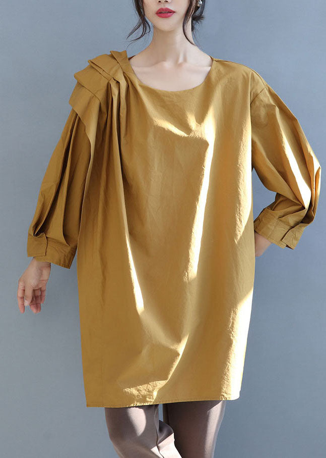 Italian Yellow O-neck Asymmetrical Cotton Top Fall