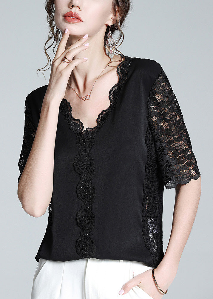Black V Neck Lace Patchwork Top Short Sleeve Summer