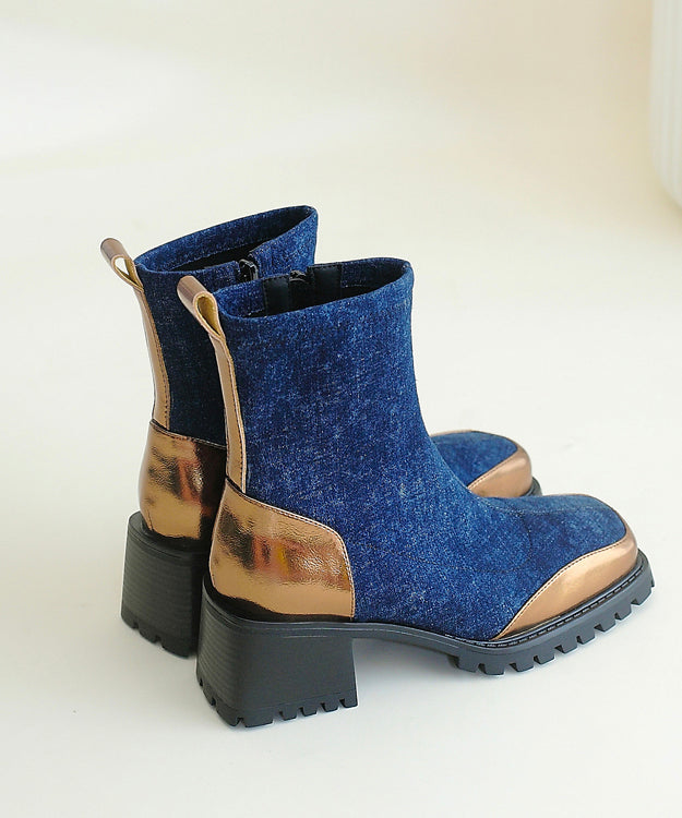 Blue Cowhide Leather Splicing Chunky Boots