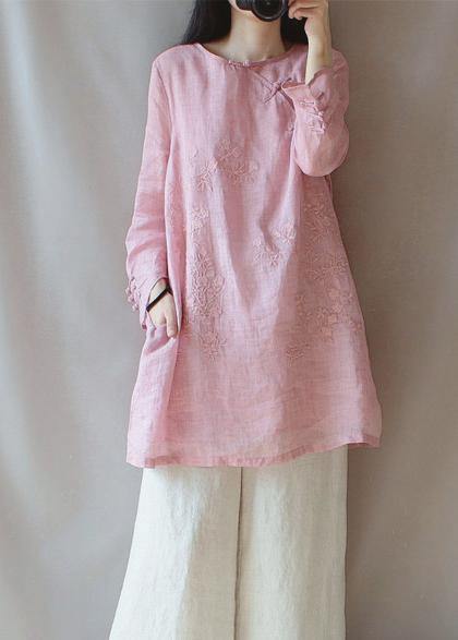 Classy O Neck Chinese Button Clothes for Shape Pink Embroidery Shirt