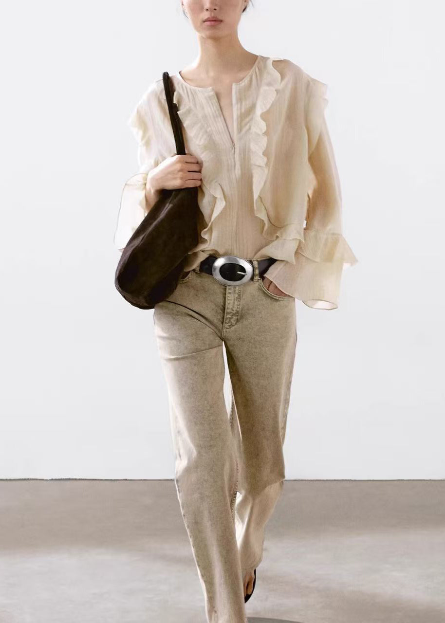 Boutique O-neck Ruffled Patchwork Cotton Blouse Tops Fall