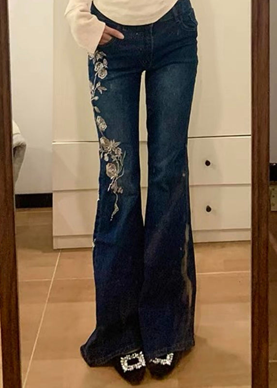 Blue Embroidered Pockets Denim Flared Trousers Spring