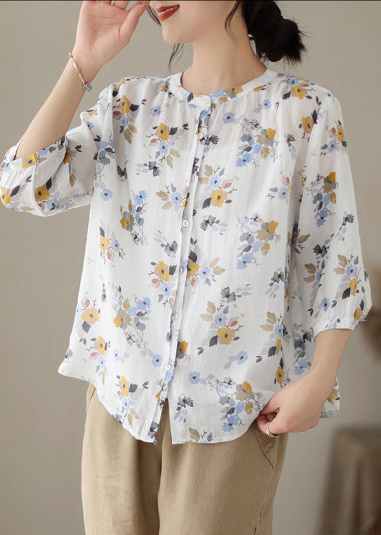 White O-neck Print Button Ramie Shirts Summer