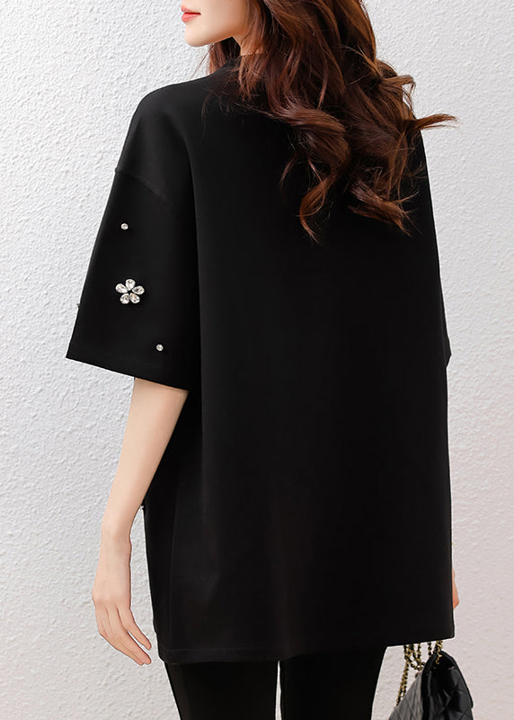 Fine Black Oversized Rhinestone Cotton Tops Summer