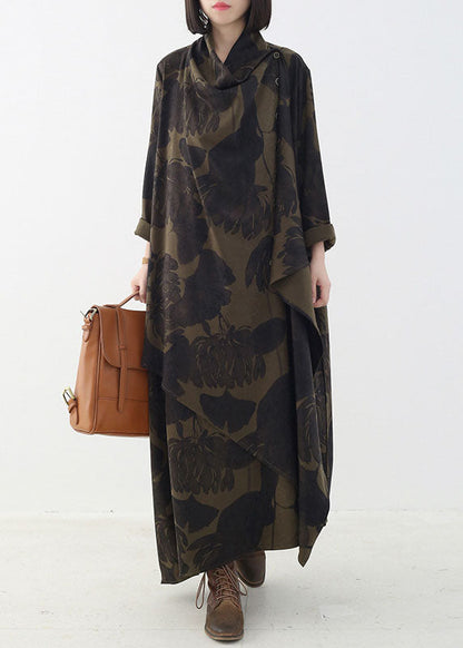 Boutique Tea Green Button Print Asymmetrical Design Fall Dresses Long Sleeve