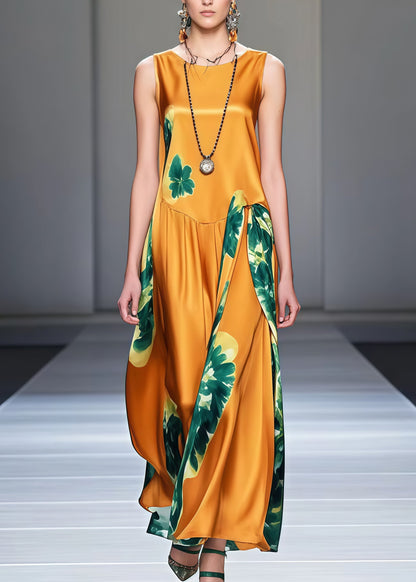 Yellow Print Draping Silk Maxi Dresses Sleeveless