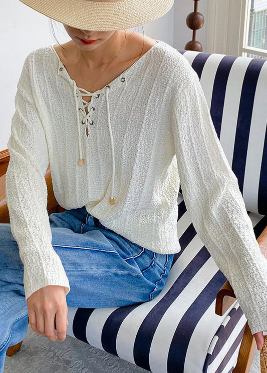 Beige Lace Up Thin Knit Top Spring