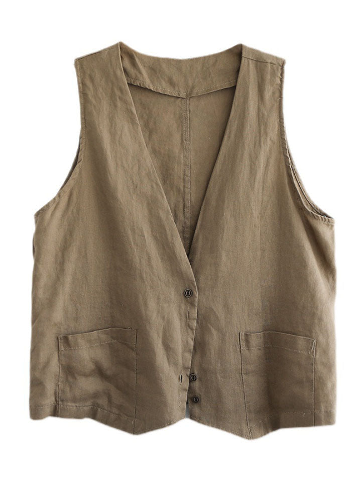 Orange V Neck Pockets Linen Vest Tops Sleeveless