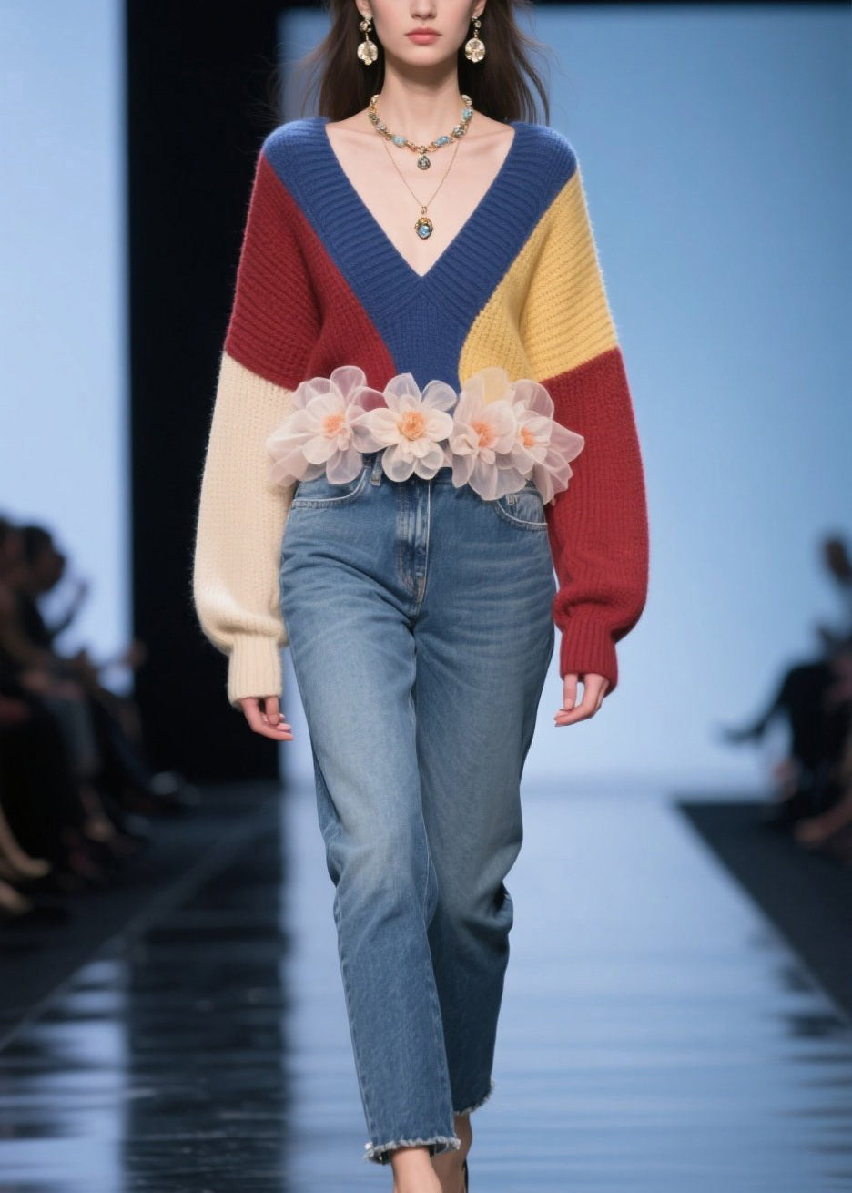 Colorblock V Neck Thick Knit Sweater Tops Fall