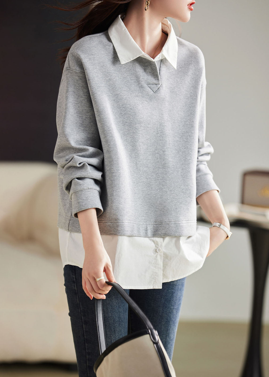 Coffee Peter Pan Collar Patchwork Fake Two Pieces Pullover Long Sleeve