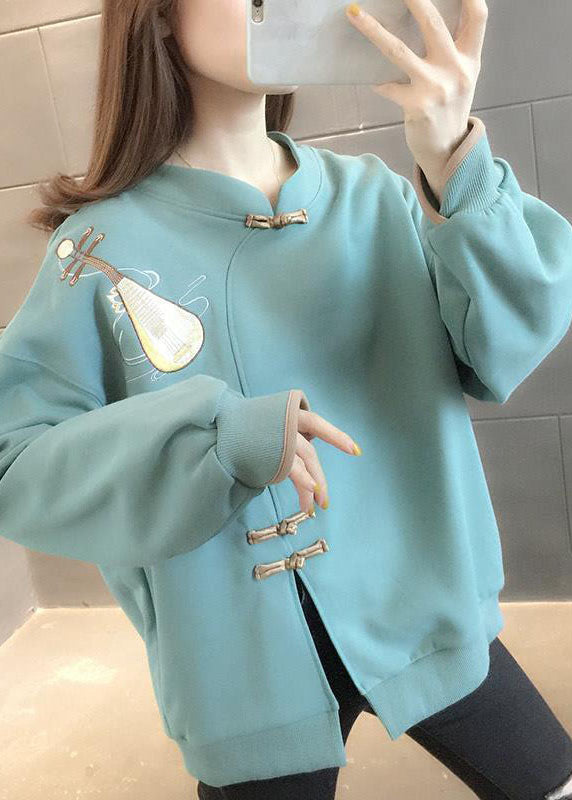 Simple Light Green Button Print Side Open Fall Pullover Street Wear
