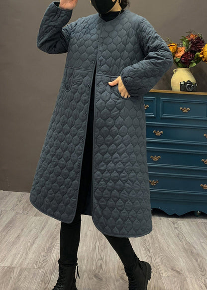 Beige O Neck Pockets Fine Cotton Filled Coat Winter