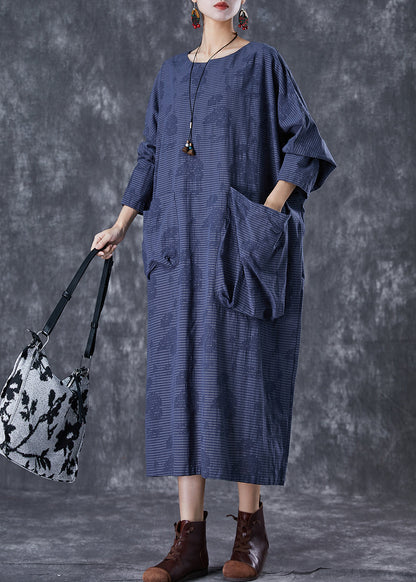 Navy Asymmetrical Pockets Striped Linen Gown Dresses Fall