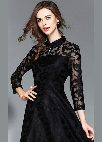 Black Embroideried Lace Dress Stand Collar Fall