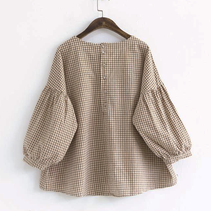 French Plaid Cotton Fine Sewing Asymmetric Clothing Blouse