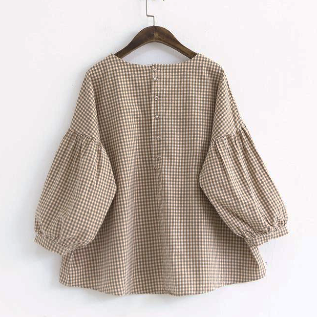 French Plaid Cotton Fine Sewing Asymmetric Clothing Blouse
