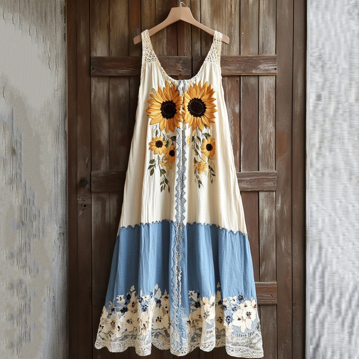 Women's Retro Sunflower Lace Embroidered Art Tank Dress artswardrobe