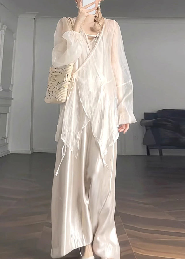 Natural Apricot V Neck Tie Waist Chiffon Upf 50+ Coat Lantern Sleeve