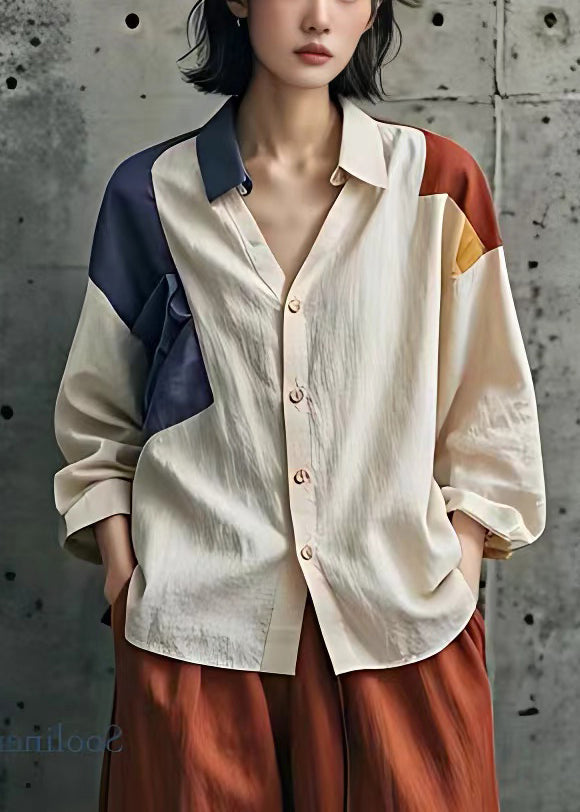 French Beige Peter Pan Collar Button Cotton Blouse Fall