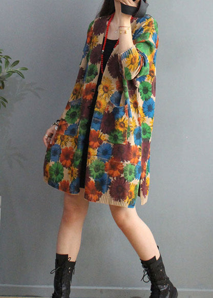 Apricot V Neck Print Pockets Fall Knit Cardigan Long Sleeve