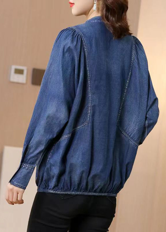 Boutique Blue Stand Collar Embroideried Patchwork Denim Top Fall