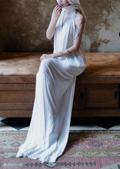 White V Neck Maxi Beach Dresses Summer