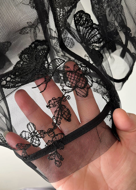Oversized Black Notched Butterfly Embroidered Tulle Shirt Summer