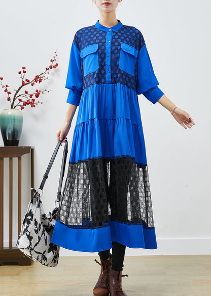 Blue Stand Collar Patchwork Lace Cotton Dress Fall