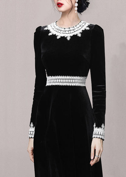 Slim Fit Black O-neck Lace Patchwork Velour Dress Fall
