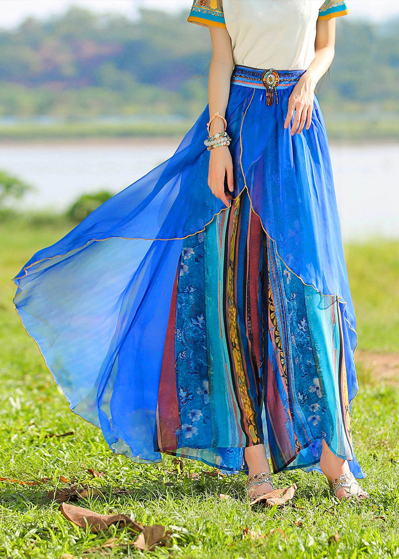 Blue Print Elastic Waist Chiffon Holiday Pants Skirt Summer
