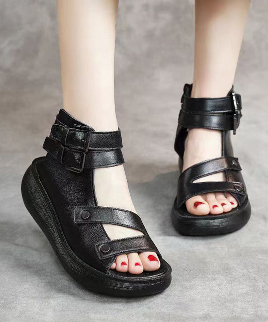 Splicing Wedge Sandals Black Cowhide Leather Peep Toe