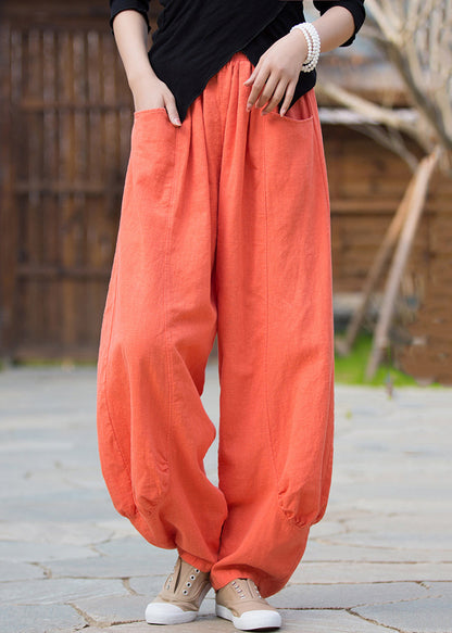 Orange Pockets Linen Pants High Waist