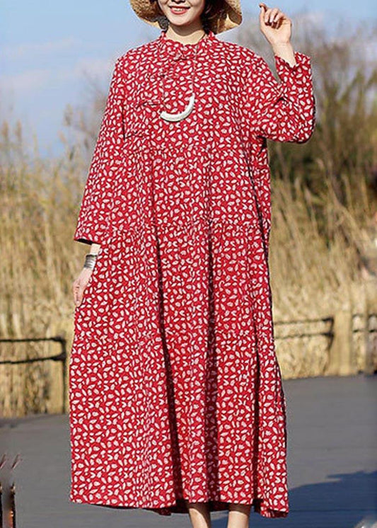 Red Print Clothes for Stand Collar Patchwork Dresses Spring Dresses