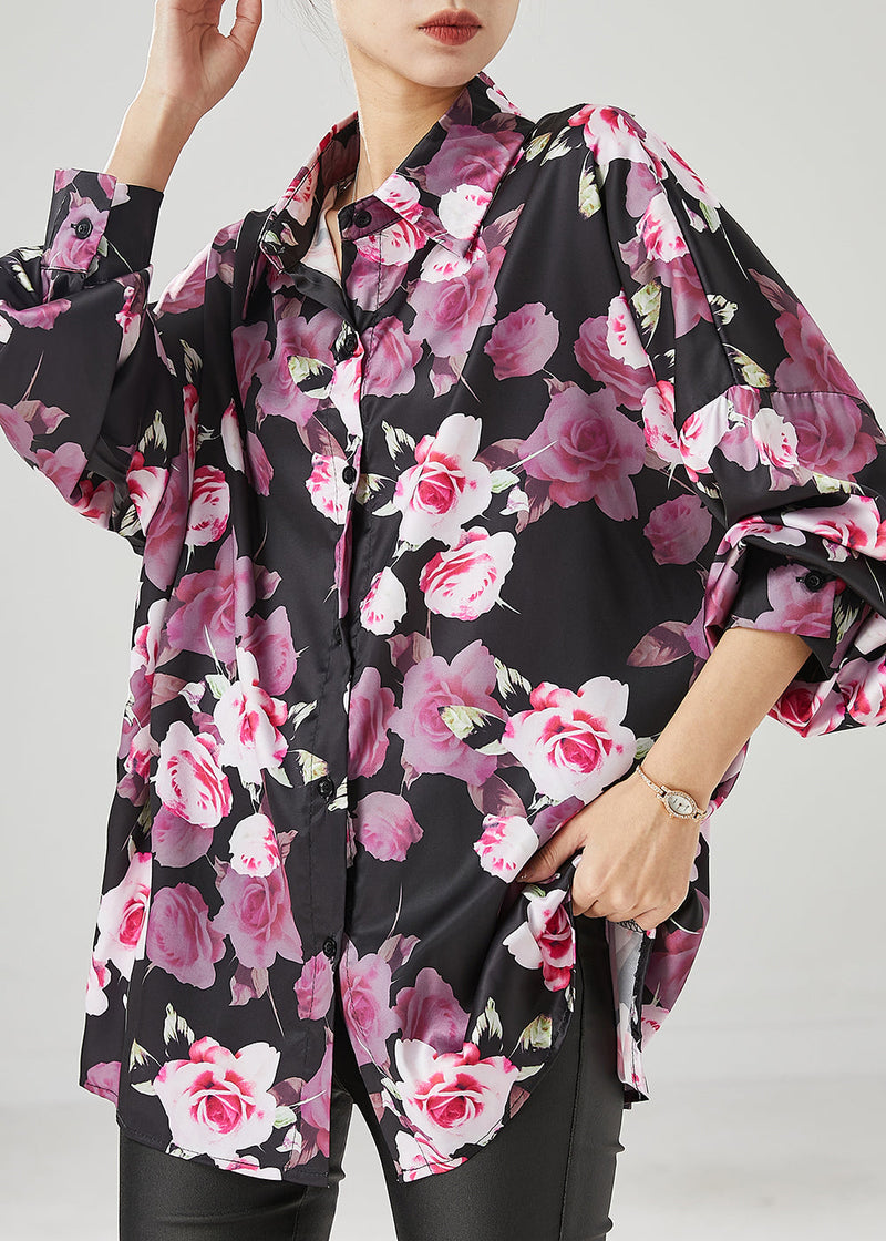 Natural Black Oversized Rose Chiffon Shirt Tops Spring