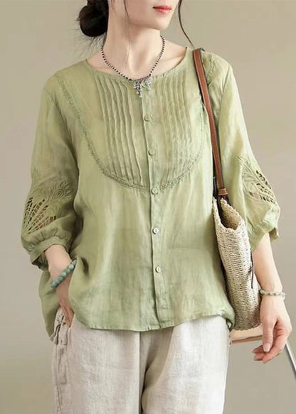 Unique Green O-nec Embroideried Wrinkled Ramie Top Fall