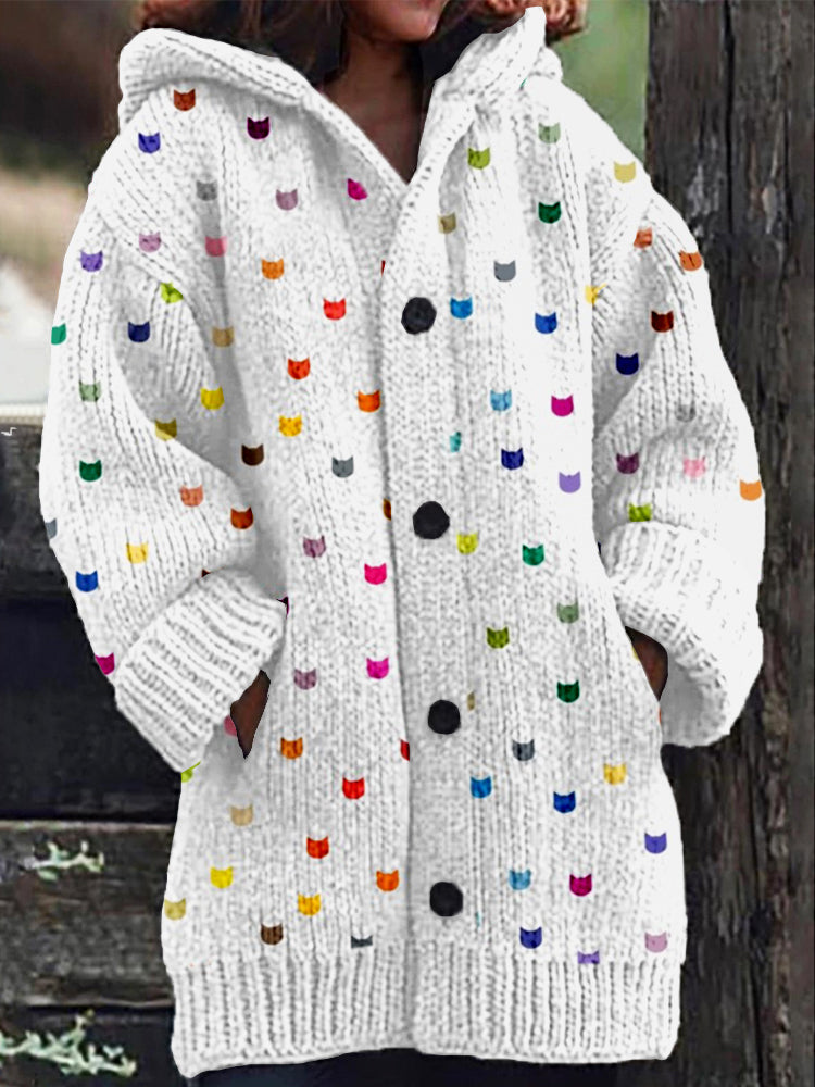 Comstylish Cute Little Kitty Pattern Cozy Hooded Knit Cardigan