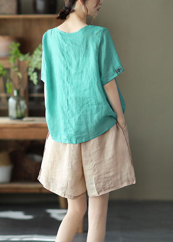 Lake Green O-neck Linen Tops Short Sleeve