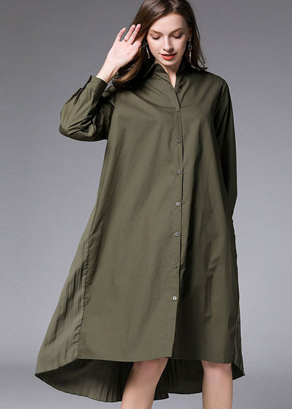 Army Green Wrinkled Cotton Vacation Shirts Dresses Peter Pan Collar Spring