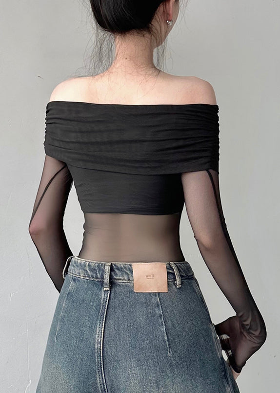 Black Cold Shoulder Tulle Blouse Tops Fall