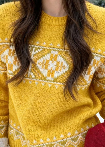 Yellow Cozy Thick Print Cotton Knit Sweaters Fall
