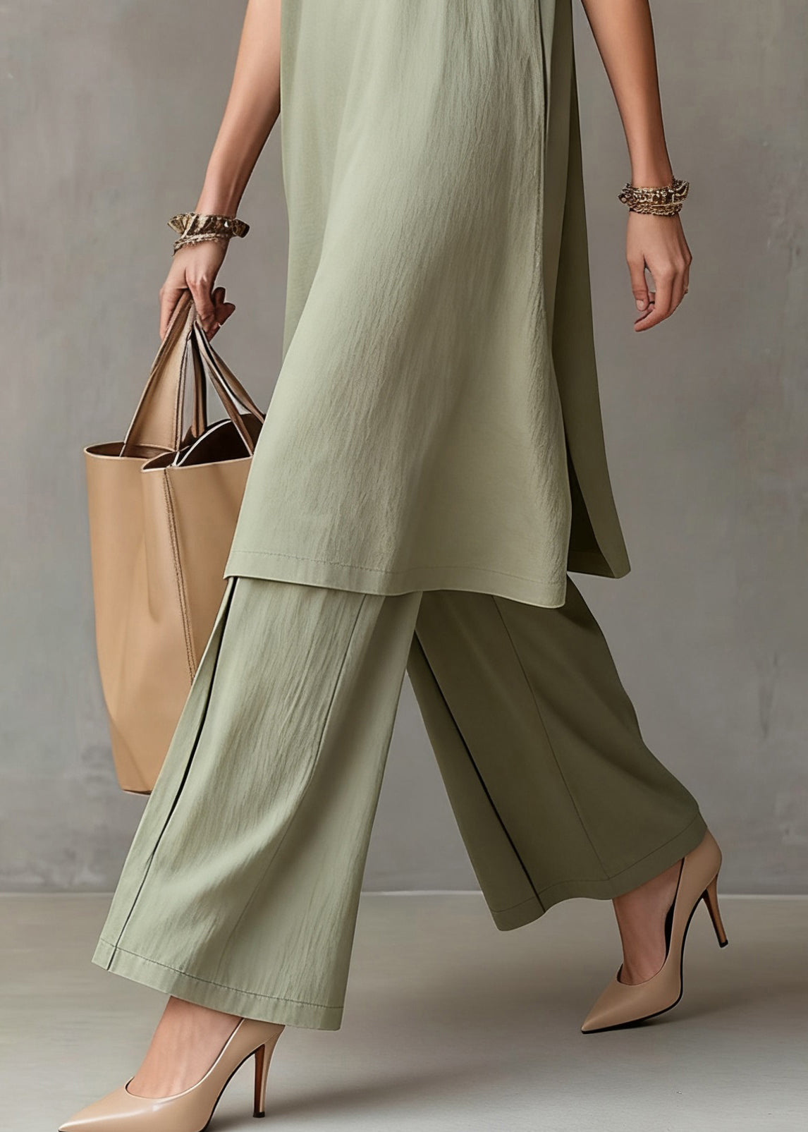 Simple Green O-neck Tank Dress and Wide Leg Pants Cotton Two Piece Set Sleeveless