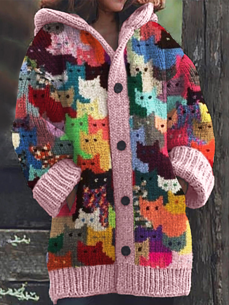 Colorful Cats Knit Art Cozy Hooded Cardigan elevenforest