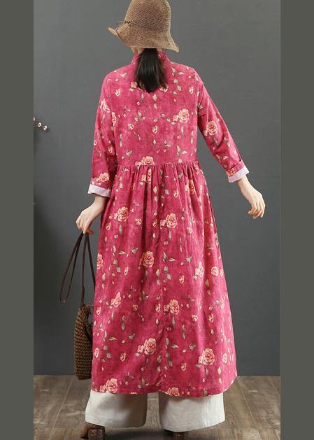 Stand Collar Cinched Spring Dresses Red Print Dress