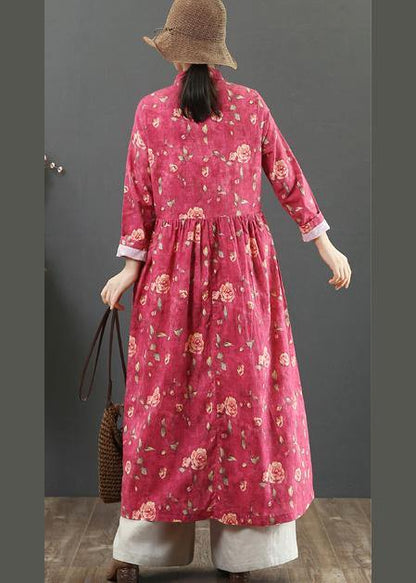 Stand Collar Cinched Spring Dresses Red Print Dress