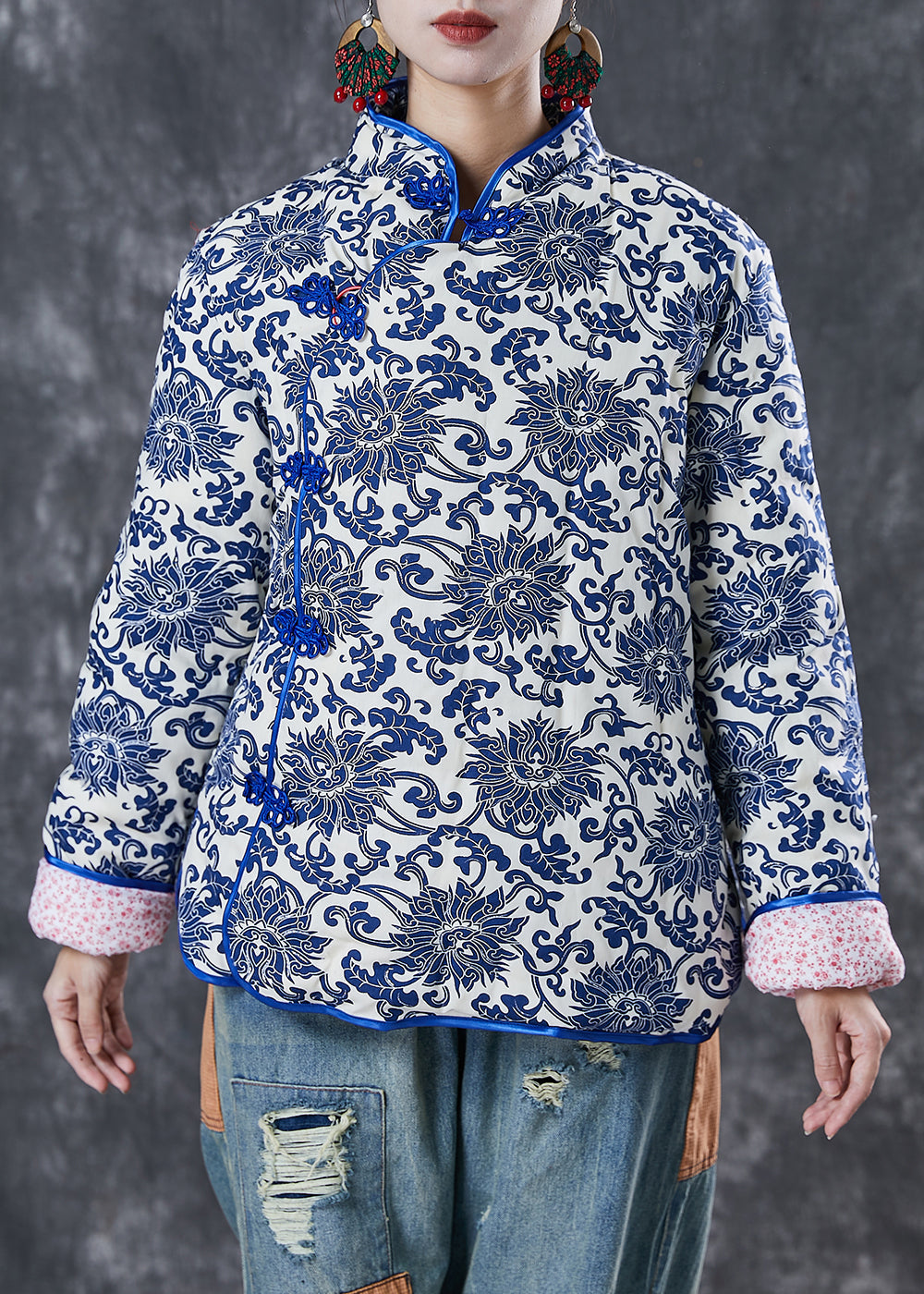 Blue Print Mandarin Collar Fine Cotton Filled Jacket Winter