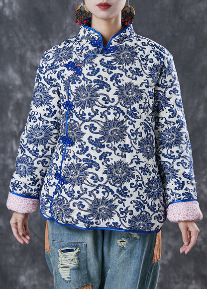 Blue Print Mandarin Collar Fine Cotton Filled Jacket Winter