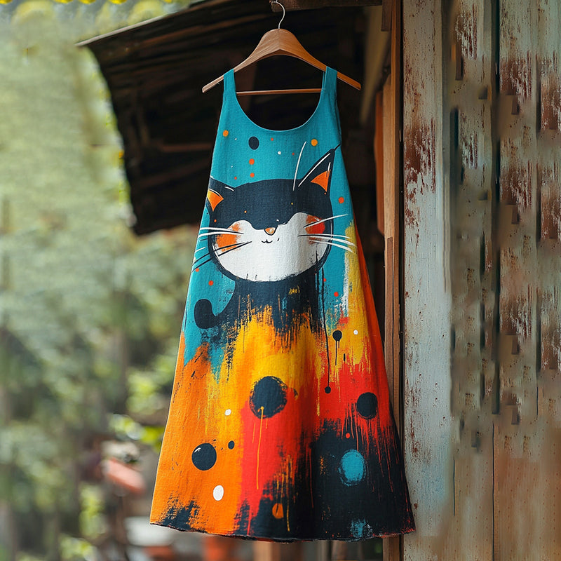 Women's Pop Art Oil Painting Cute Cat Cotton Linen Dress elevenforest