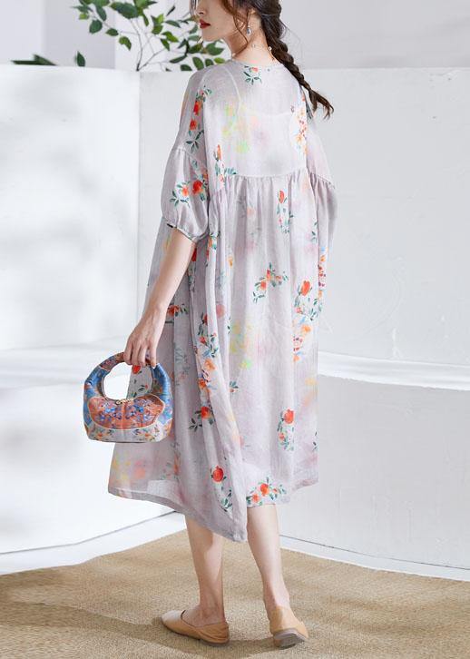 Grey Lantern Sleeve Patchwork Print Summer Ramie Party Dress Half Sleeve